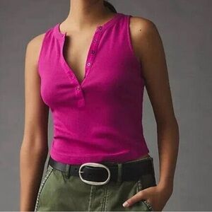 Anthropologie Pilcro magenta ribbed henley back seam tank top XL
